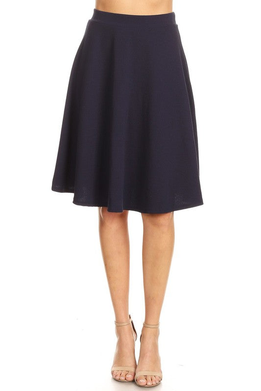 Solid high waisted A-line knee length skirt