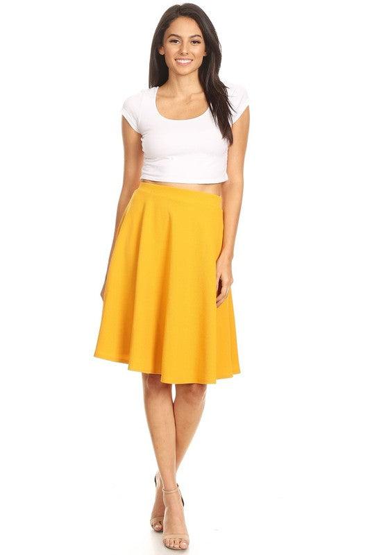 Solid high waisted A-line knee length skirt