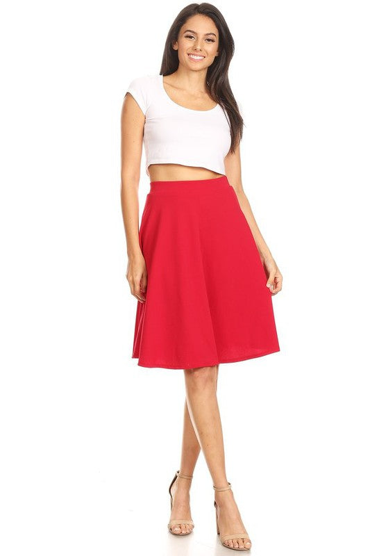 Solid high waisted A-line knee length skirt