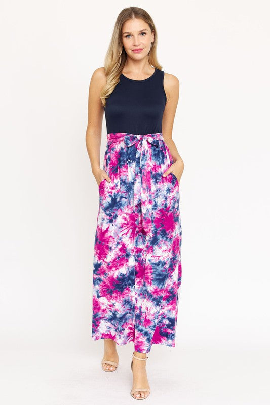 Sleeveless Tie Dye Sash Dress