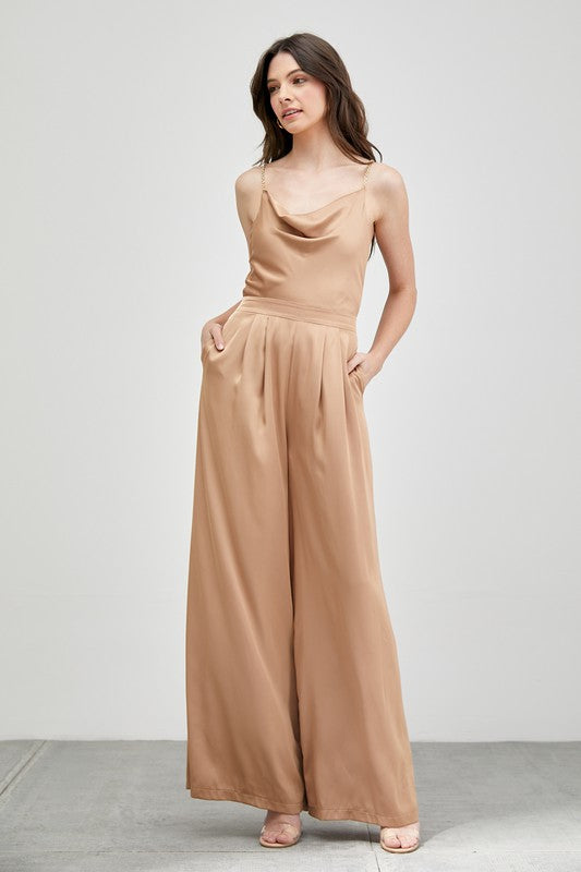 golden taupe cowl neck wide leg romper