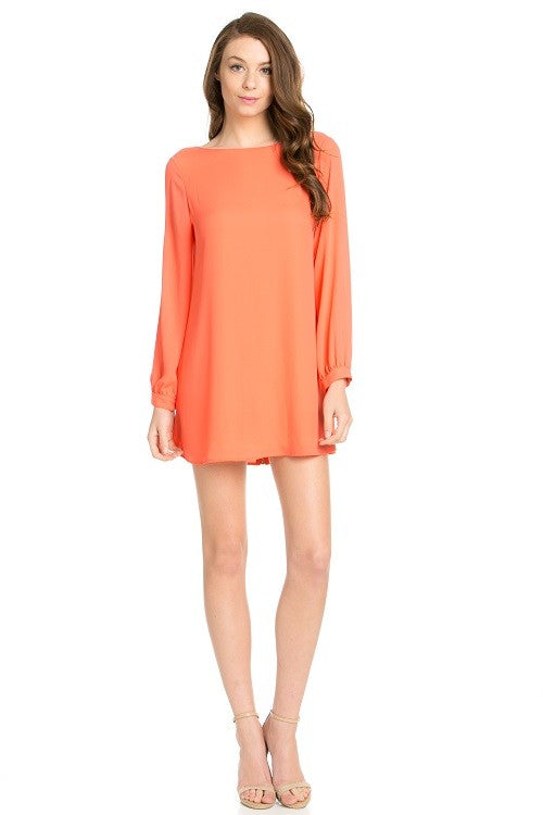 long sleeve shift dress in coral