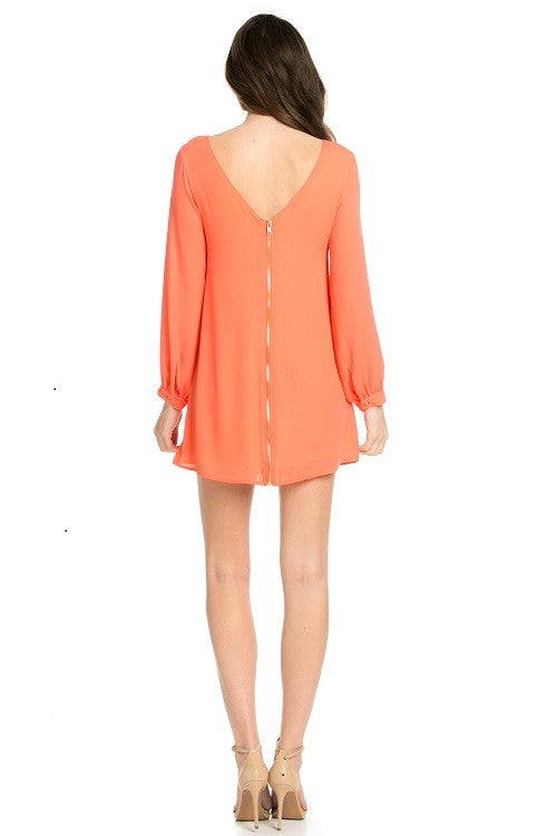 long sleeve shift dress in coral