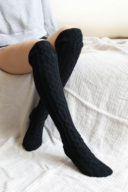 black knee high cable knit socks