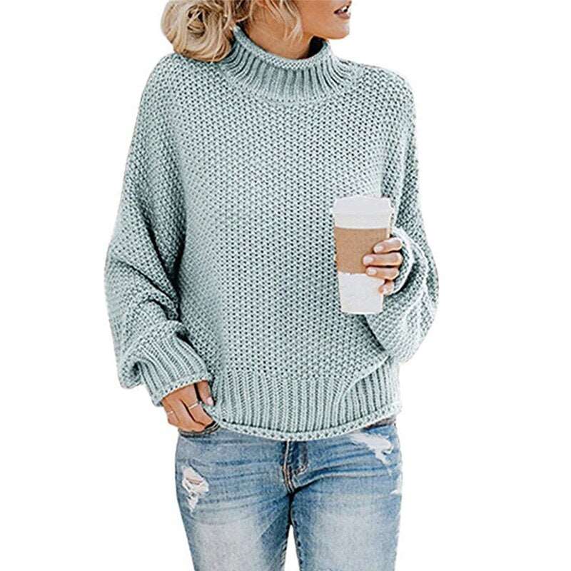 Long Sleeved Knitted Turtleneck Sweater, light blue