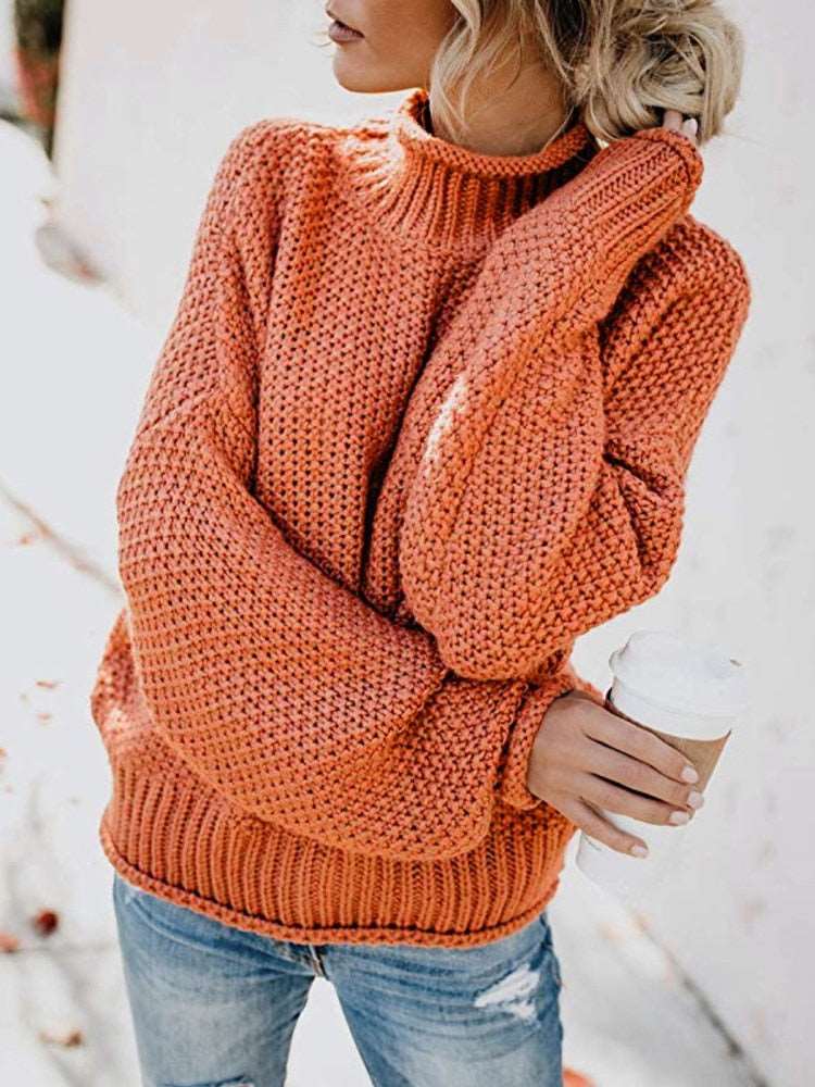 Long Sleeved Knitted Turtleneck Sweater, orange