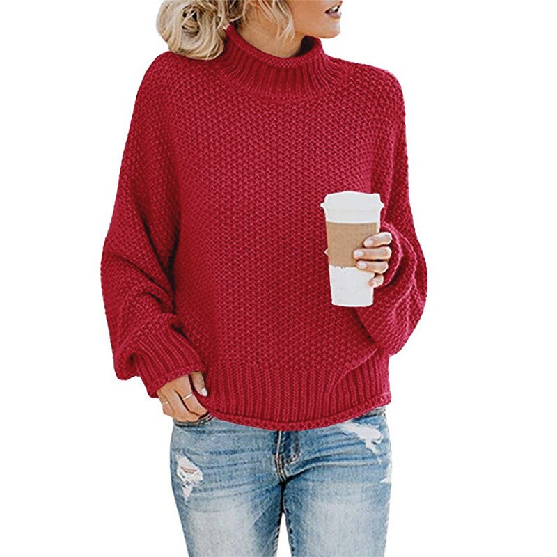 Long Sleeved Knitted Turtleneck Sweater, red