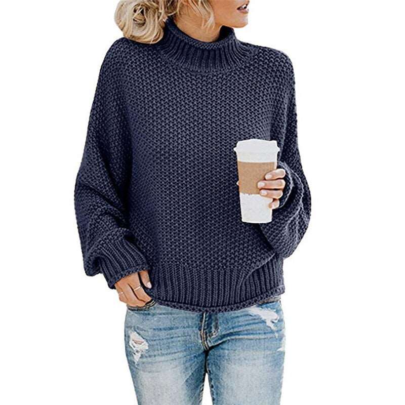 Long Sleeved Knitted Turtleneck Sweater, blue