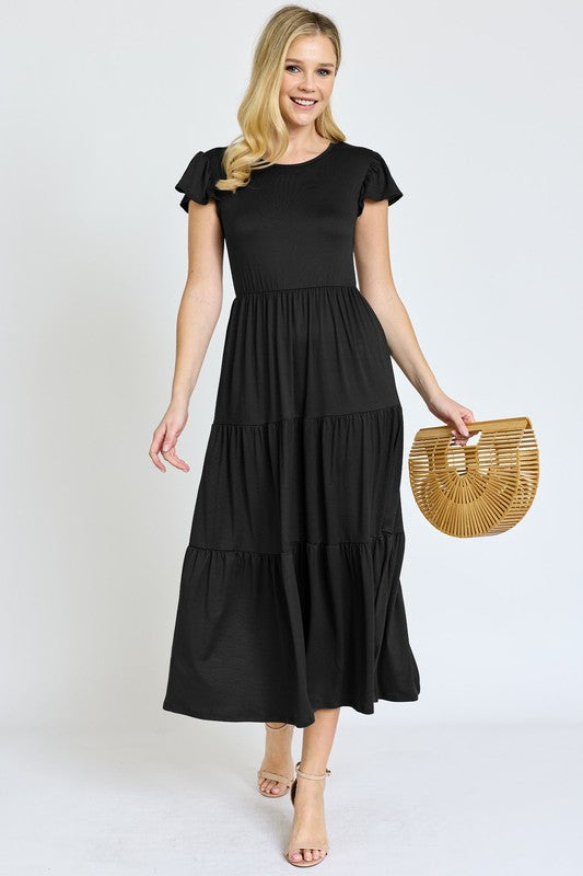 Solid Flutter Sleeve Tiered Tea Length Dress